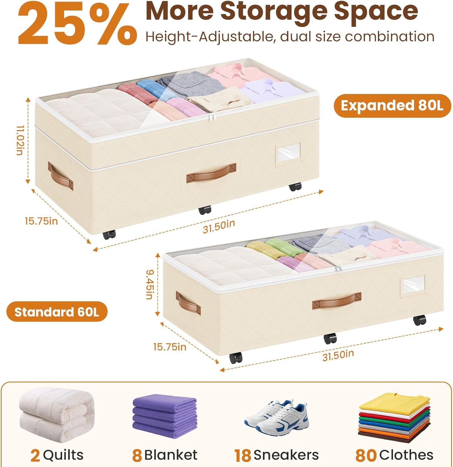 Budding Joy Under Bed Storage with Wheels 2Pack, 80L Height Adjustable Underbed Containers with Clear Lids, Rolling Under Bed Shoe Storage Organizer for Dorm Home Clothes, Blankets, Toys, Black(Beige)
