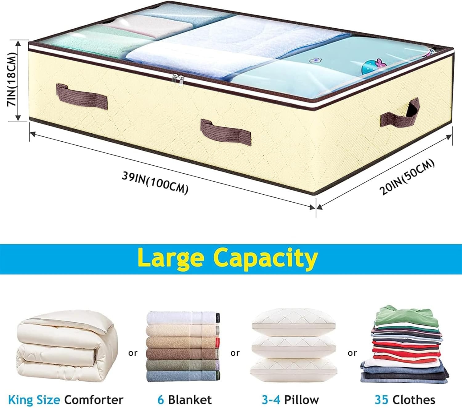 90L Under Bed Storage Containers, 6 Pack Underbed Closet Storage Organizer System, Moving Bags with Clear Window and Reinforced Handles for Bedding Pillows Blanket Clothes Wardrobe Bedroom(Beige)