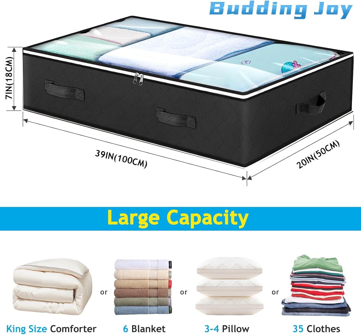 90L Under Bed Storage Containers, 6 Pack Underbed Closet Storage Organizer System, Moving Bags with Clear Window and Reinforced Handles for Bedding Pillows Blanket Clothes Wardrobe Bedroom(Black)