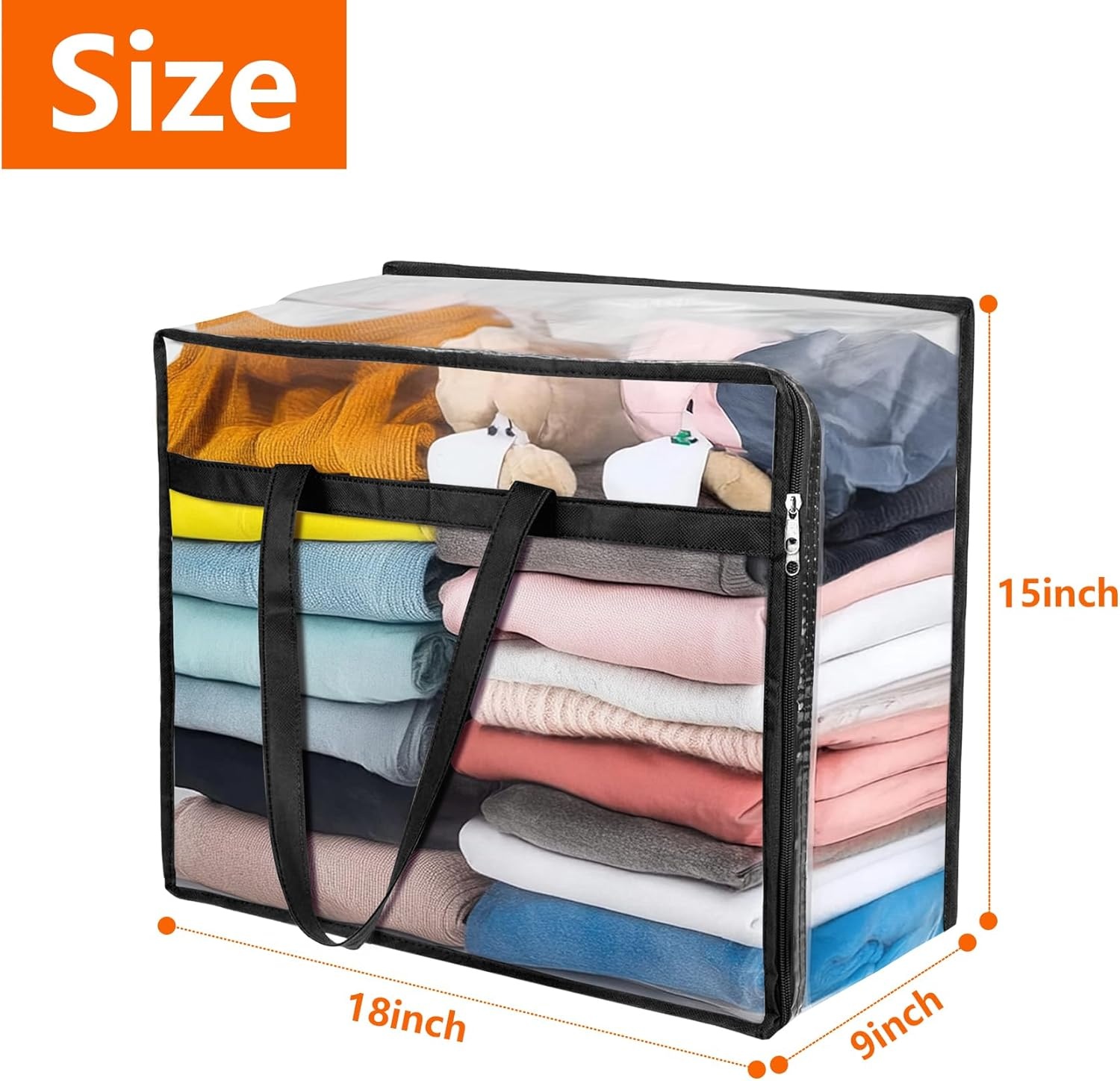 Budding Joy 6 Pack Clear Zippered Storage Bags for Clothes,40L Closet Organizers and Storage Containers Vinyl Moving Bag for Bedding, Linen, Blankets, Comforters, Clothing & Toys(Black)
