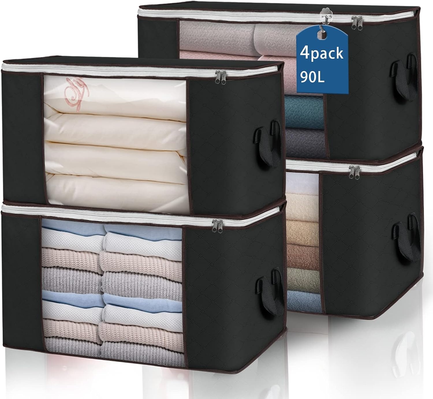 90 L Large Storage Bag Clothes Storage Organizer with Durable Handles for Closet Storage, Comforter, Blanket, Clothing, Bedding and Toys 6 Pack(Black)