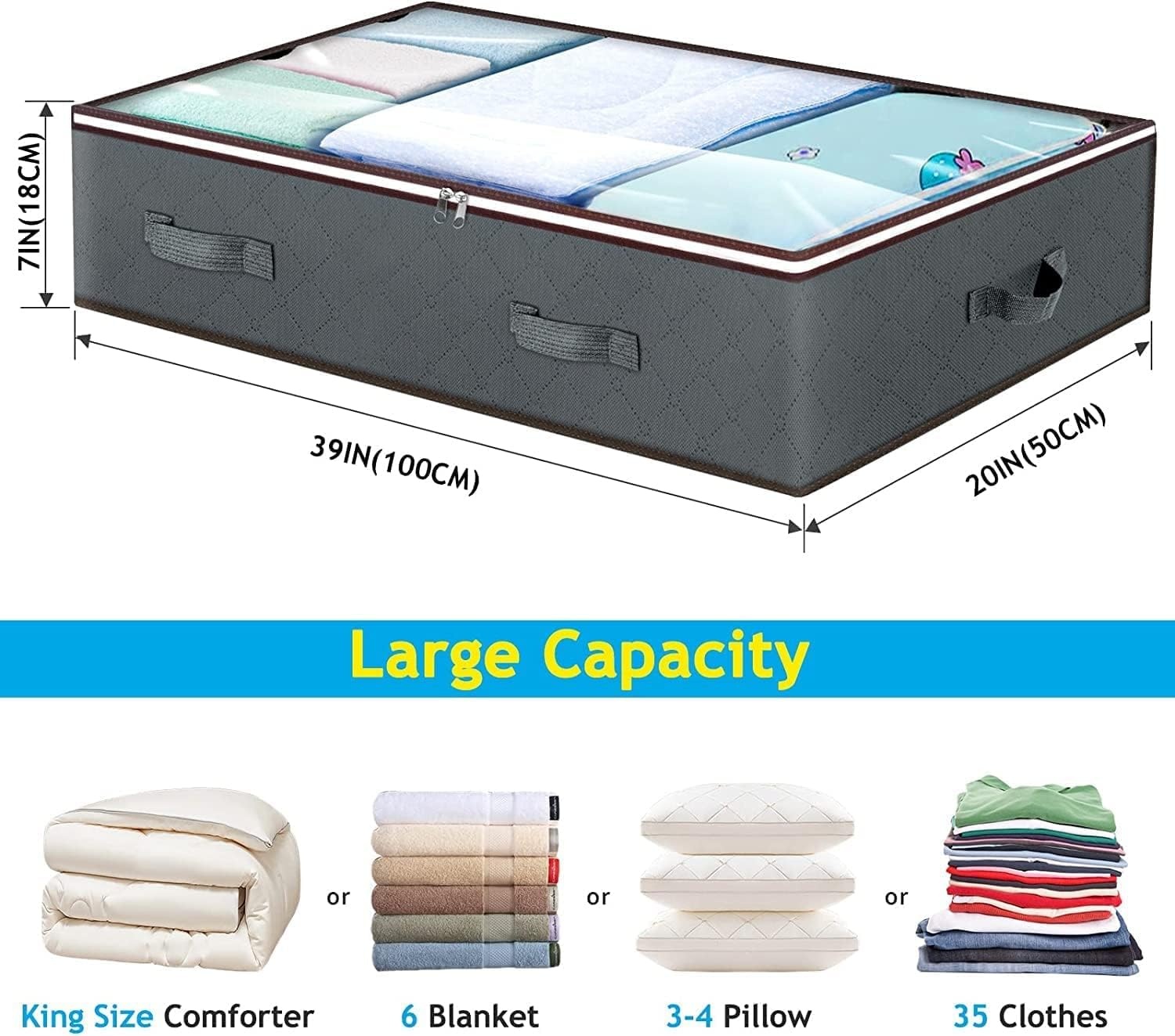 90L Under Bed Storage Containers, 6 Pack Underbed Closet Storage Organizer System, Moving Bags with Clear Window and Reinforced Handles for Bedding Pillows Blanket Clothes Wardrobe Bedroom(Grey)