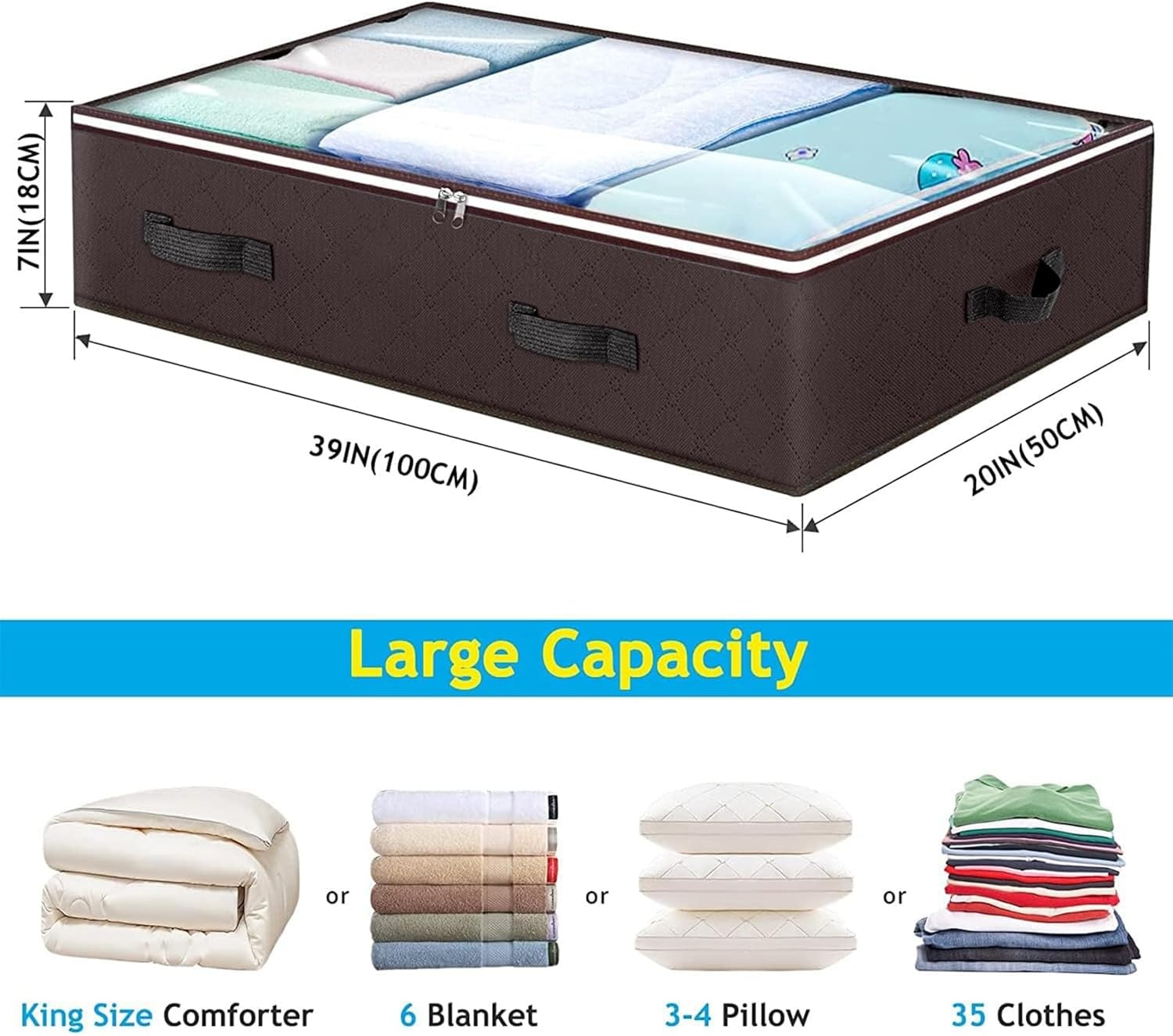 90L Under Bed Storage Containers, 6 Pack Underbed Closet Storage Organizer System, Moving Bags with Clear Window and Reinforced Handles for Bedding Pillows Blanket Clothes Wardrobe Bedroom(Brown)