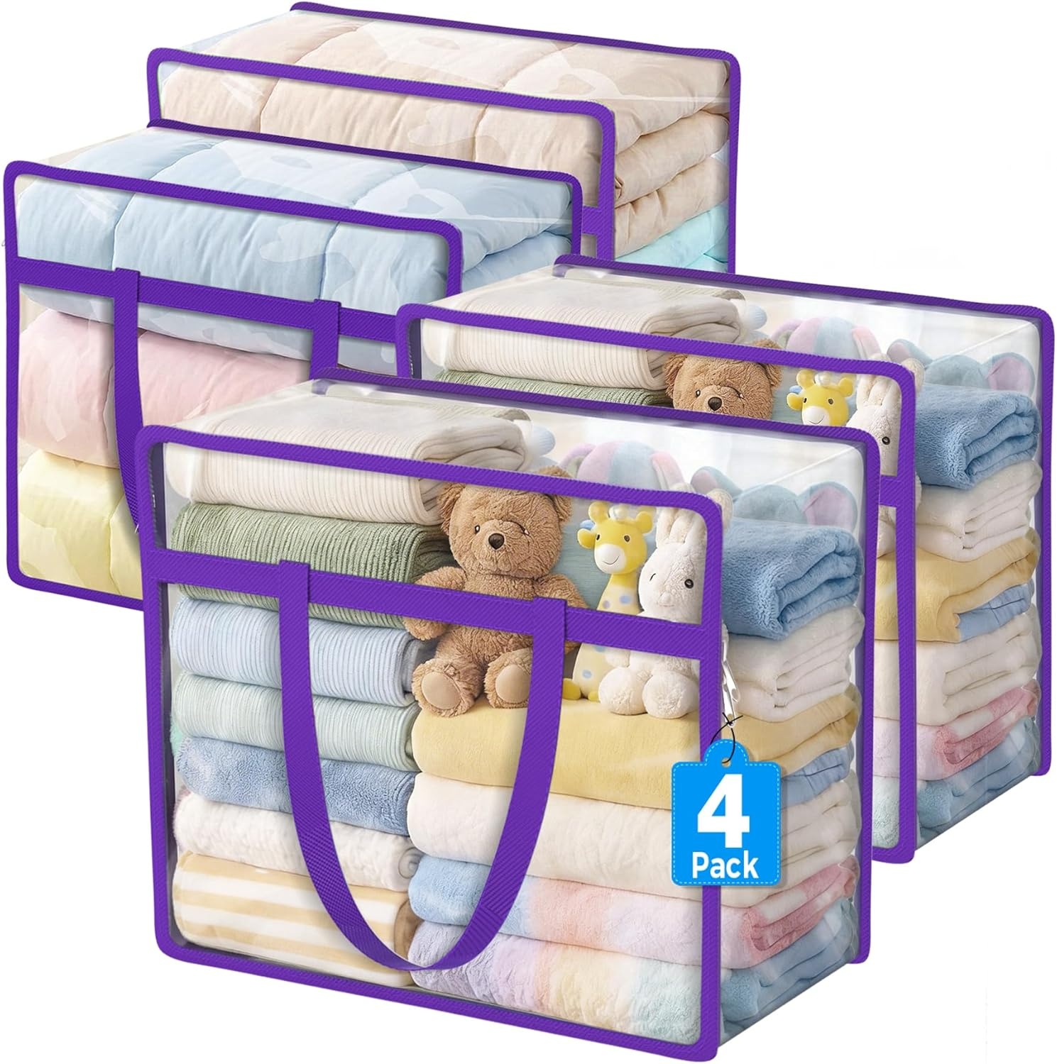 Budding Joy 6 Pack Clear Zippered Storage Bags for Clothes,40L Closet Organizers and Storage Containers Vinyl Moving Bag for Bedding, Linen, Blankets, Comforters, Clothing & Toys(Purple)