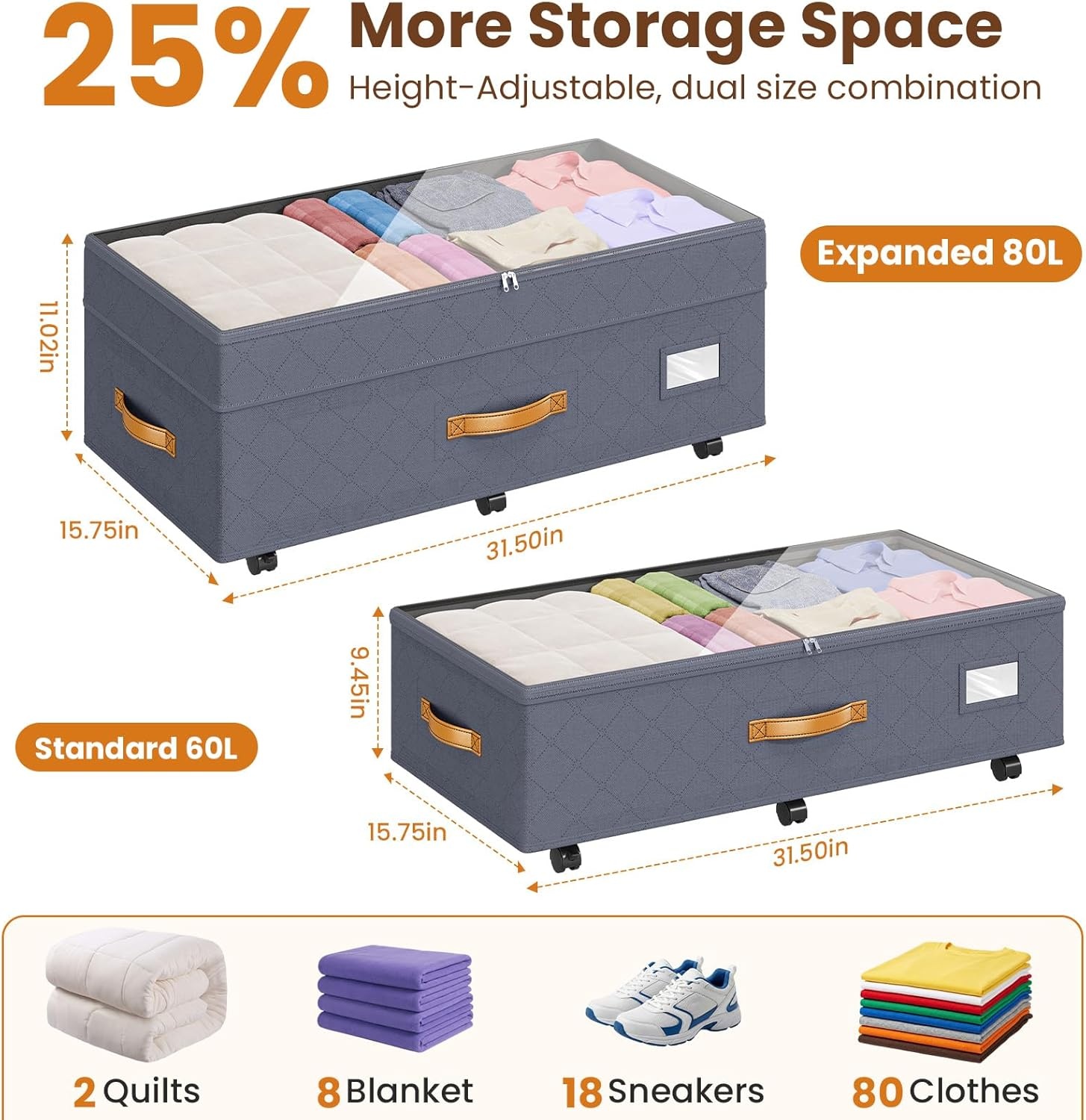 Budding Joy Under Bed Storage with Wheels 2Pack, 80L Height Adjustable Underbed Containers with Clear Lids, Rolling Under Bed Shoe Storage Organizer for Dorm Home Clothes, Blankets, Toys, Black(Grey)