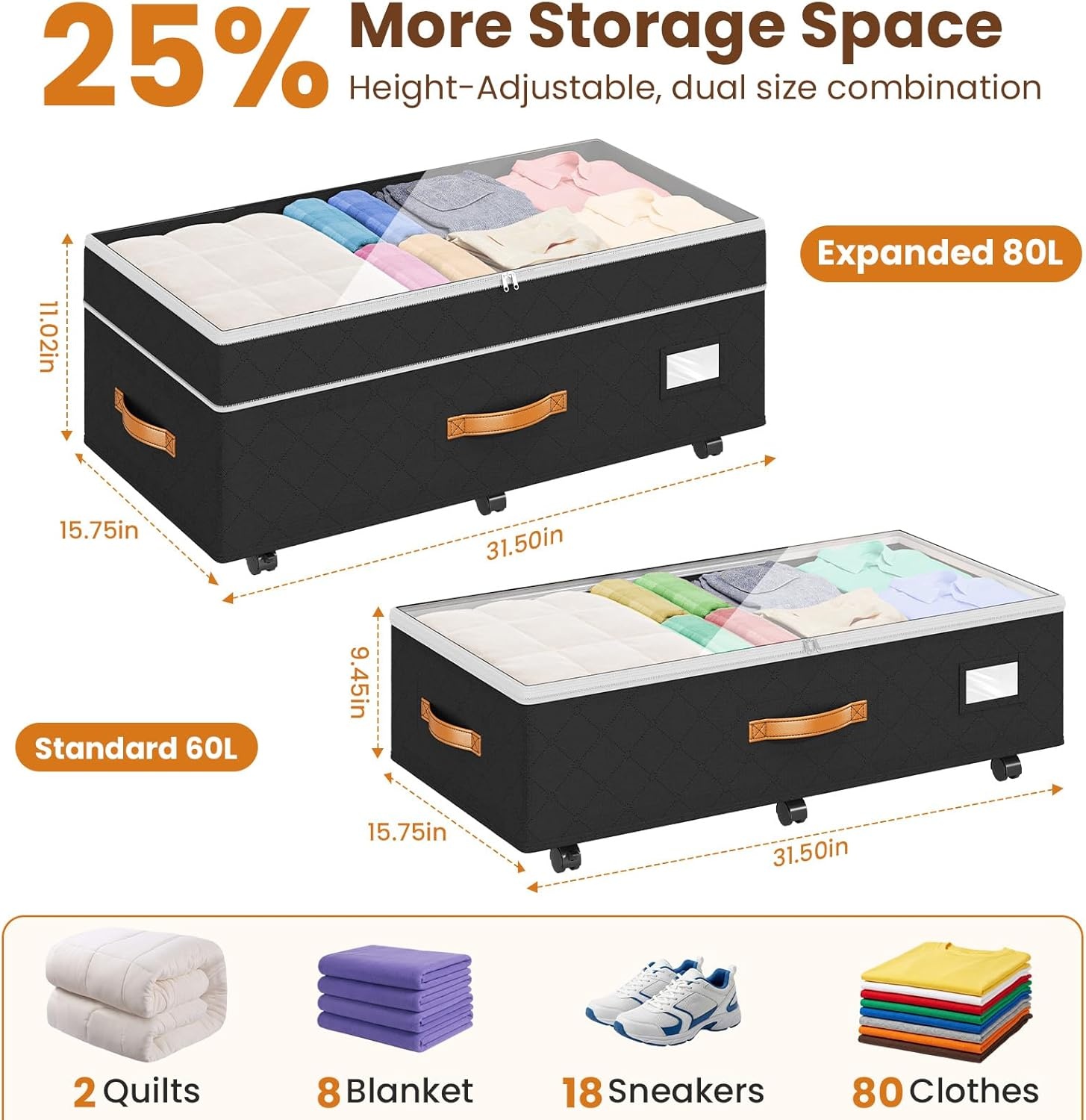 Budding Joy Under Bed Storage with Wheels 2Pack, 80L Height Adjustable Underbed Containers with Clear Lids, Rolling Under Bed Shoe Storage Organizer for Dorm Home Clothes, Blankets, Toys, Black(Black)